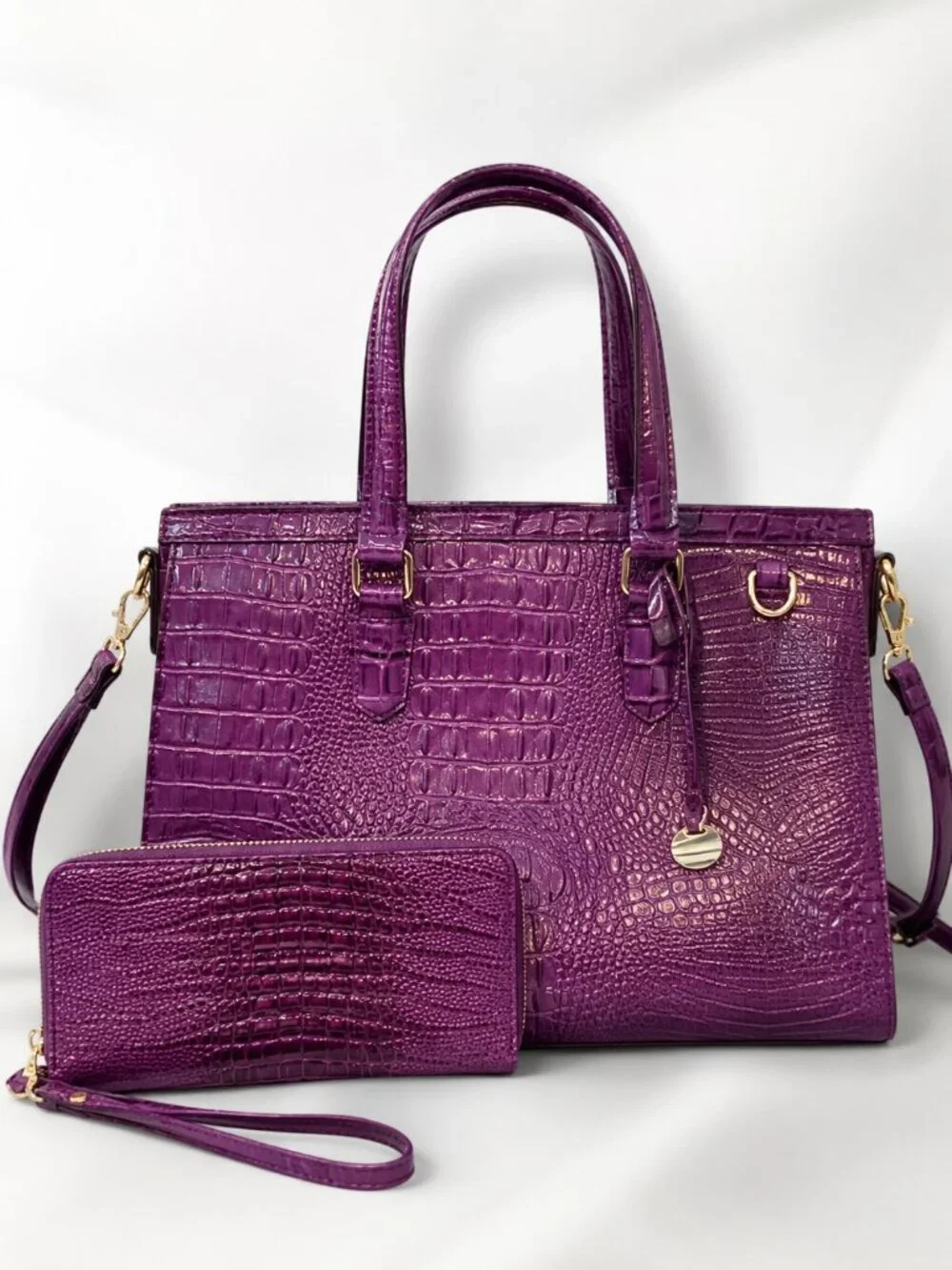 Purple Crocodile Embossed Handbag Wallet Set Vegan Leather Crossbody Purse